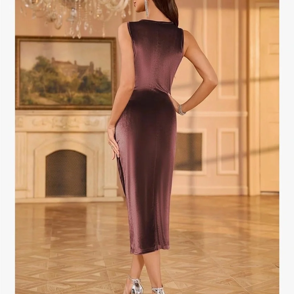 Zaful Women’s Velvet Cocktail Dress Cowl Neck Bodycon Ruched Dark Pink Small - Picture 2 of 9